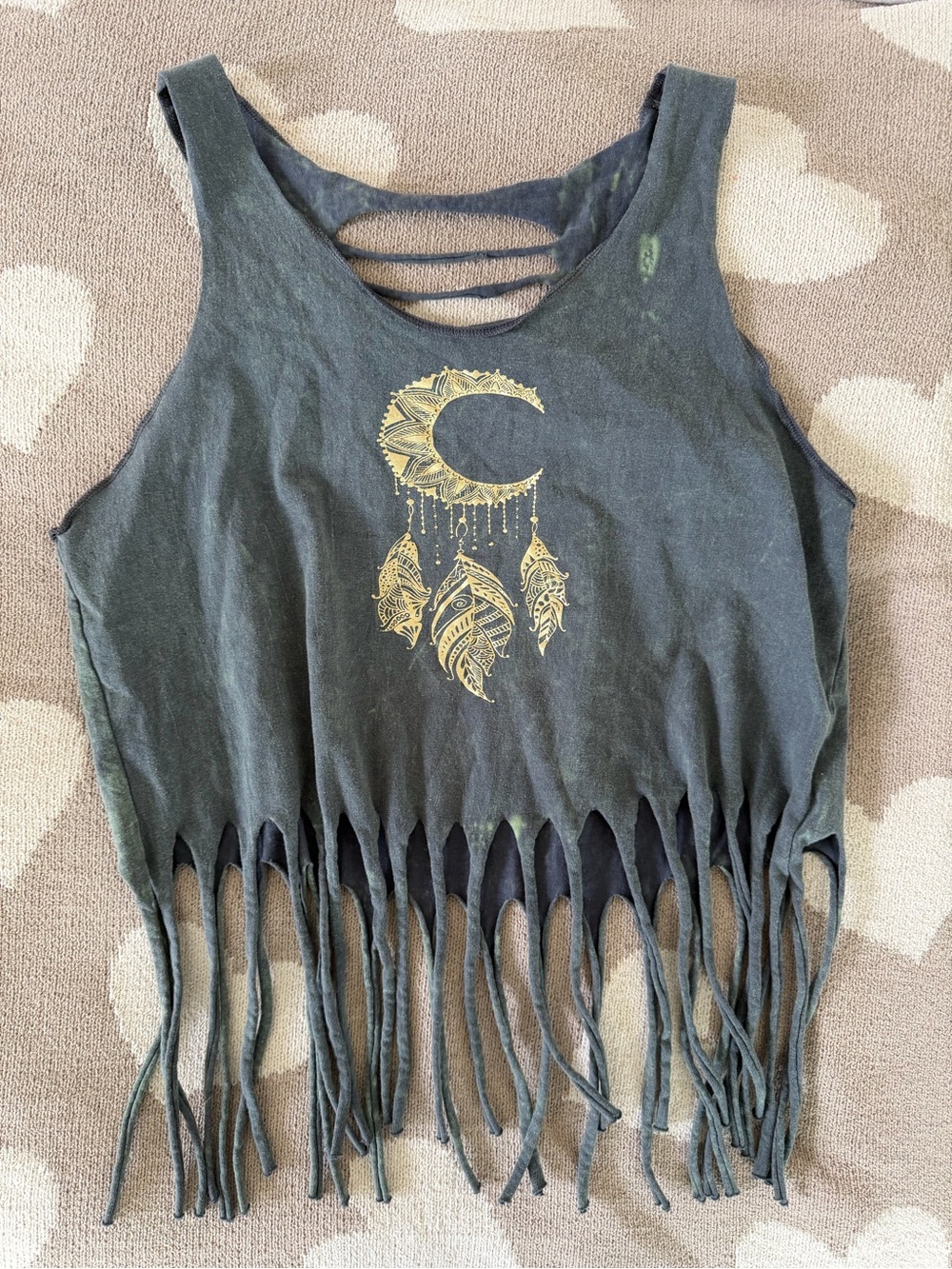 Boho Moon & Feather Fringe Crop Tank - Olive Green